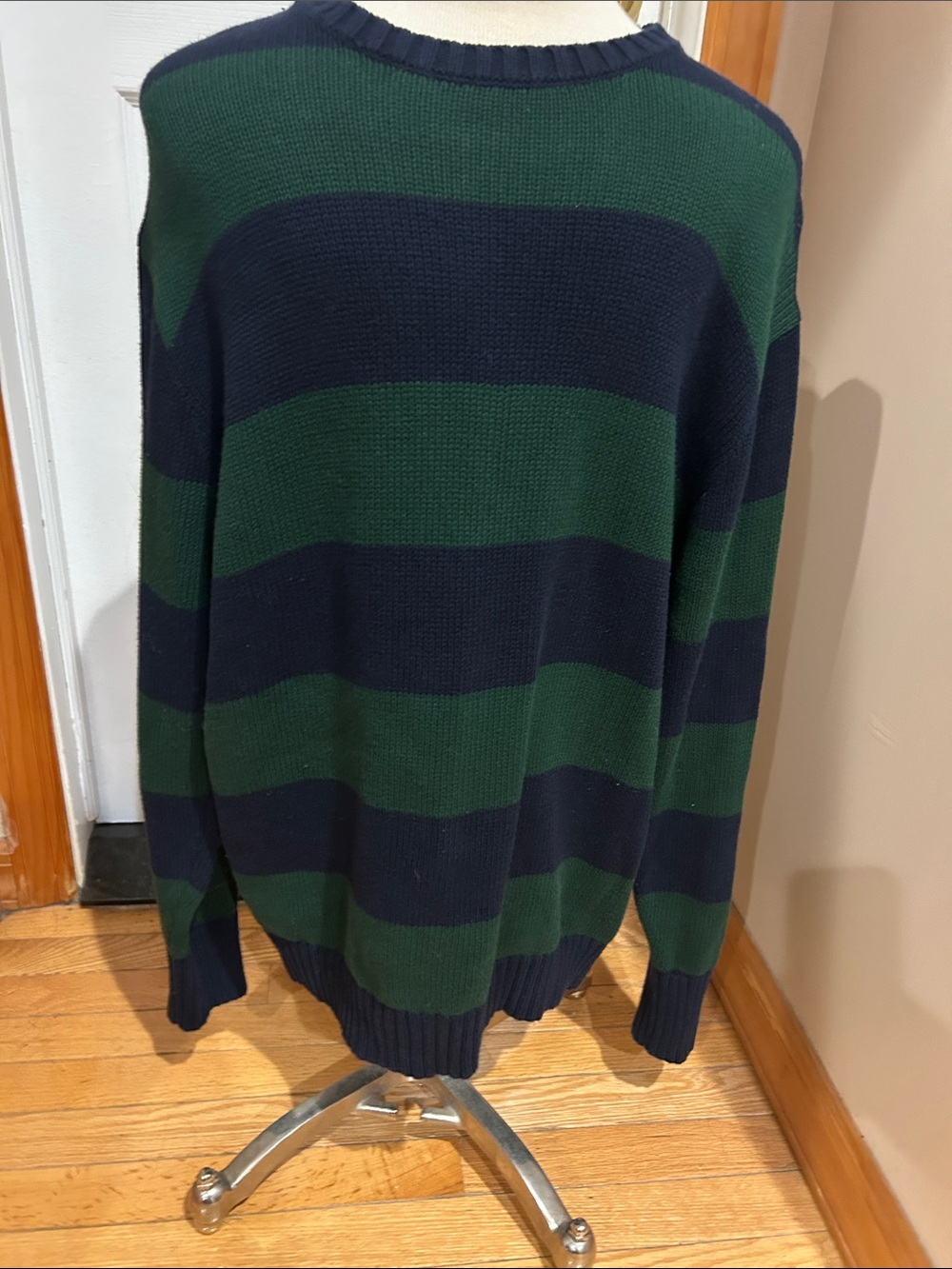 Brandy Melville Green and Navy Wide-Stripe Crewneck Sweater